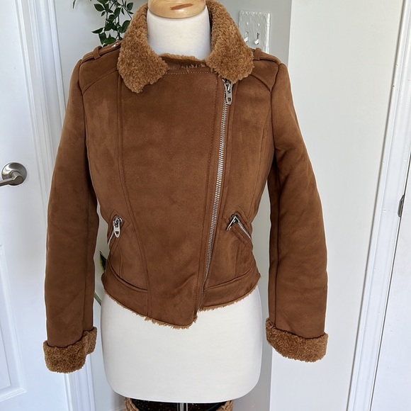 Zara soft Faux Suede Moto Jacket Camel Silver Hardware Fur Collar Size XS - Picture 8 of 12